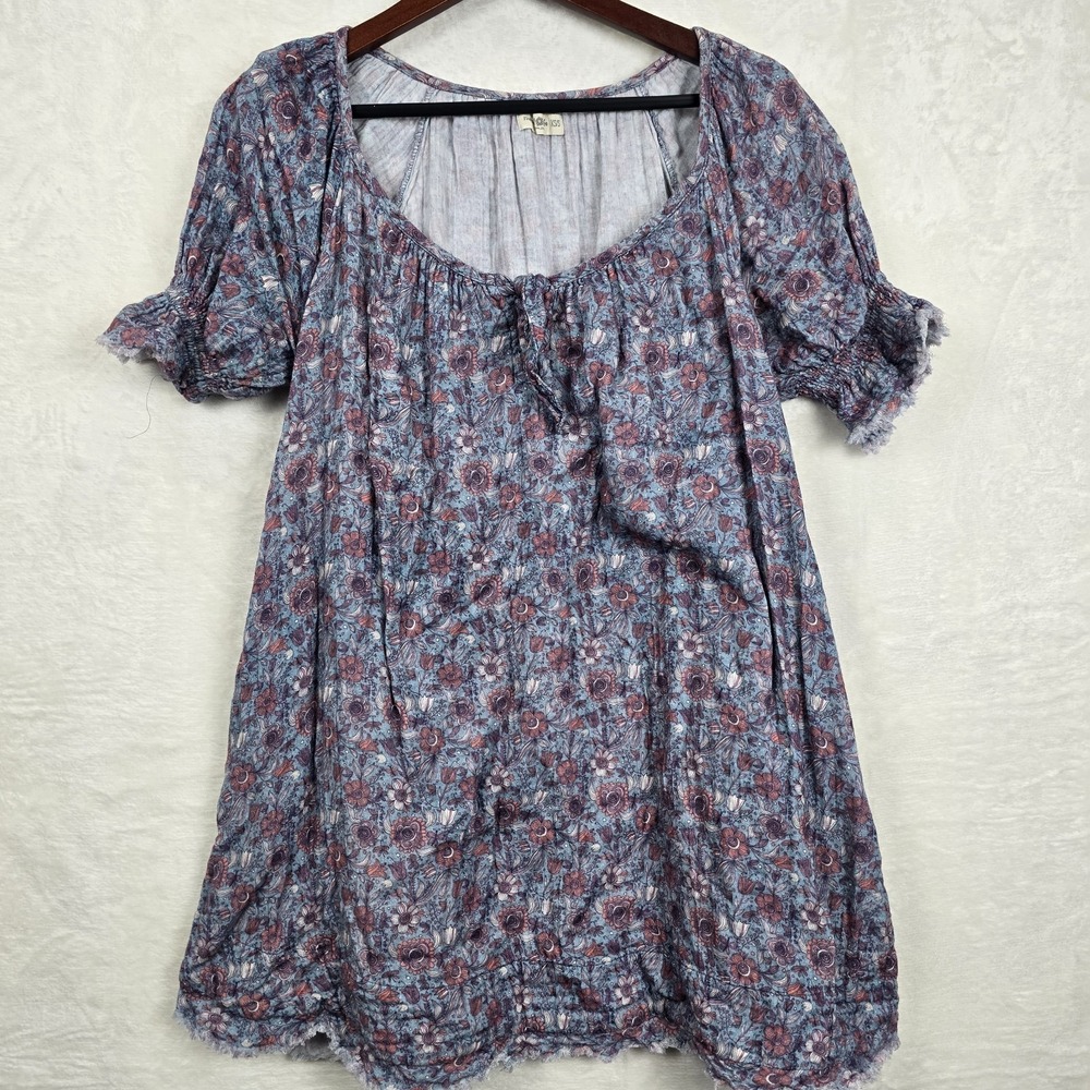Natural Life Sienna XS/S 100% Cotton Gauze‎ Mini Dress Blue Floral Print Keyhole